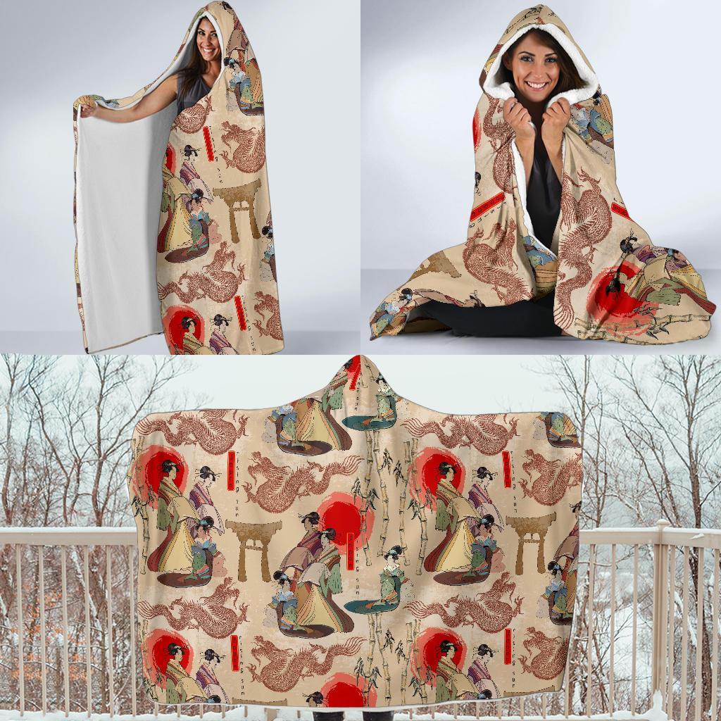 Tokyo Japanese Pattern Print Hooded Blanket-grizzshop