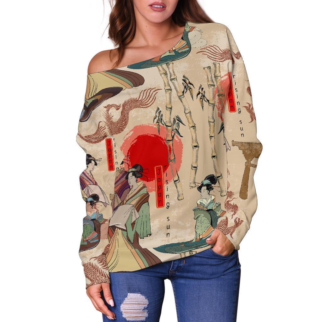 Tokyo Japanese Pattern Print Women Off Shoulder Sweatshirt-grizzshop