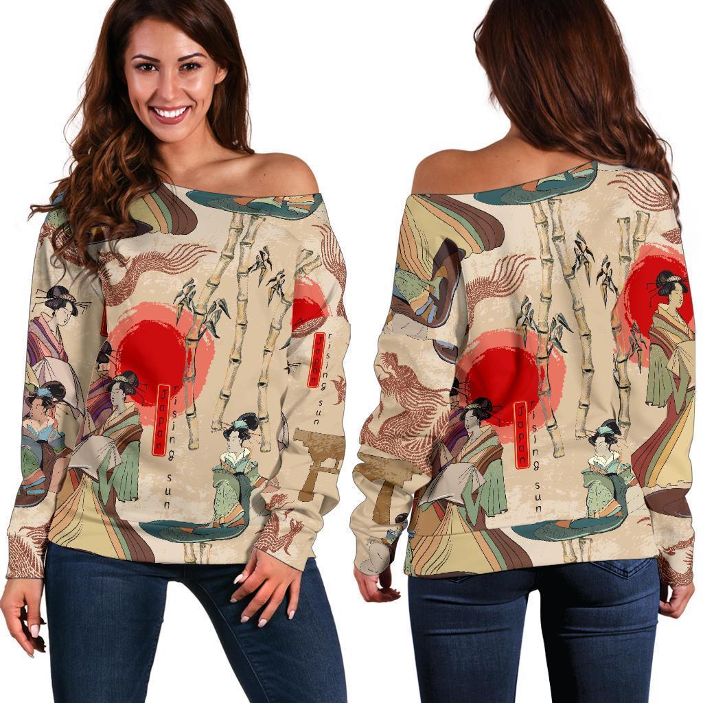 Tokyo Japanese Pattern Print Women Off Shoulder Sweatshirt-grizzshop