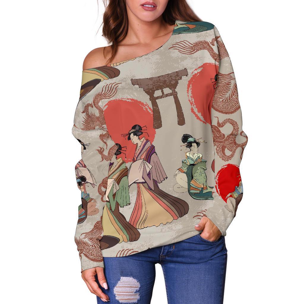 Tokyo Japanese Print Pattern Women Off Shoulder Sweatshirt-grizzshop