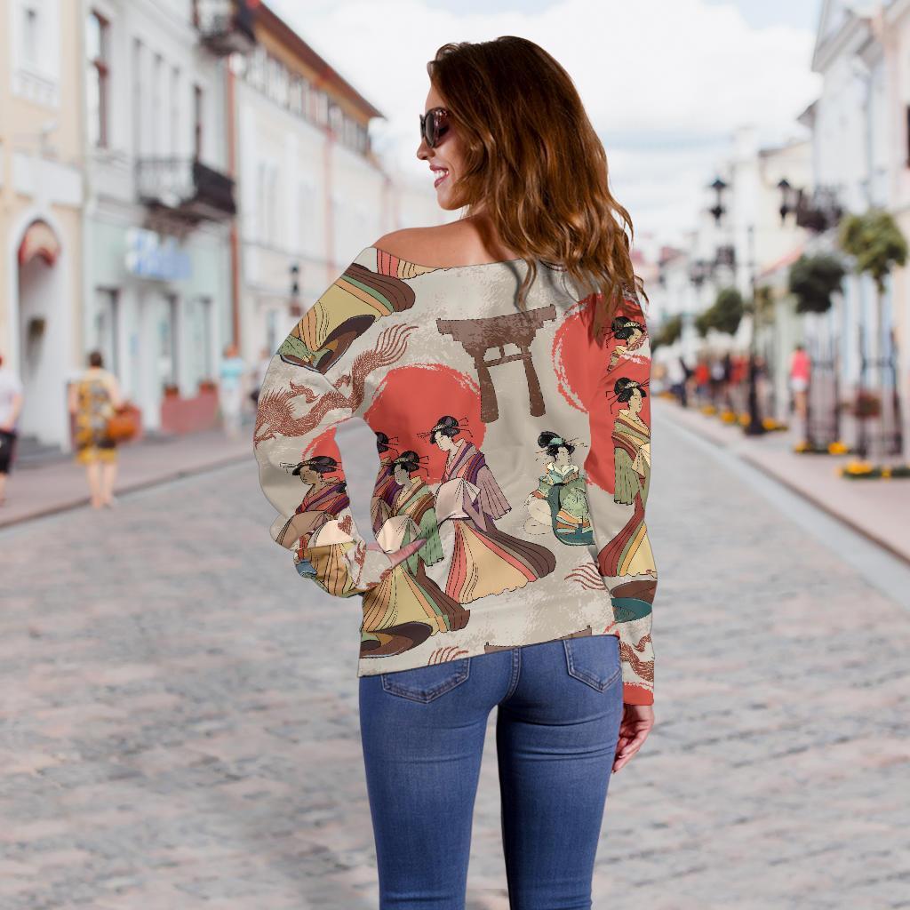 Tokyo Japanese Print Pattern Women Off Shoulder Sweatshirt-grizzshop