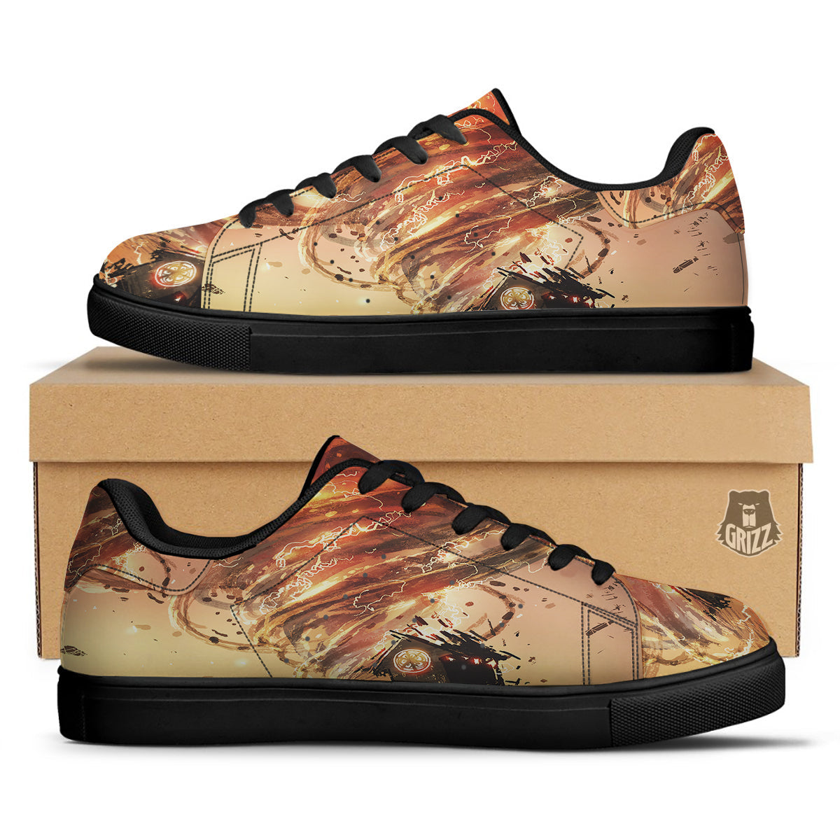 Tornado Destroy Watercolor Print Black Low Top Sneakers-grizzshop