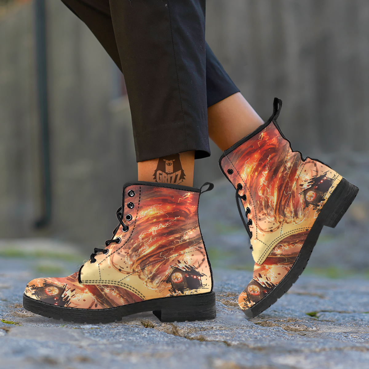 Tornado Destroy Watercolor Print Leather Boots-grizzshop