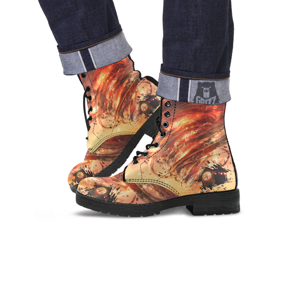Tornado Destroy Watercolor Print Leather Boots-grizzshop
