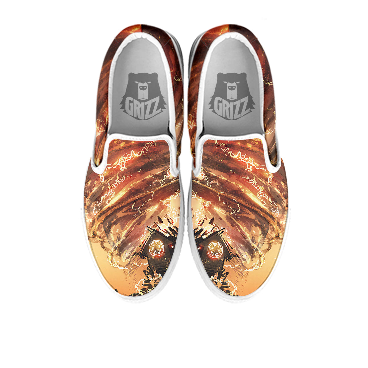 Tornado Destroy Watercolor Print White Slip On Shoes-grizzshop