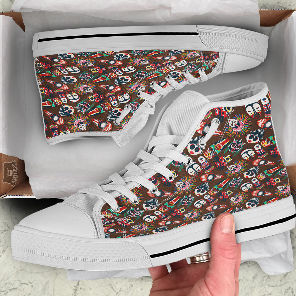 Totem And Mask African Print Pattern White High Top Shoes-grizzshop