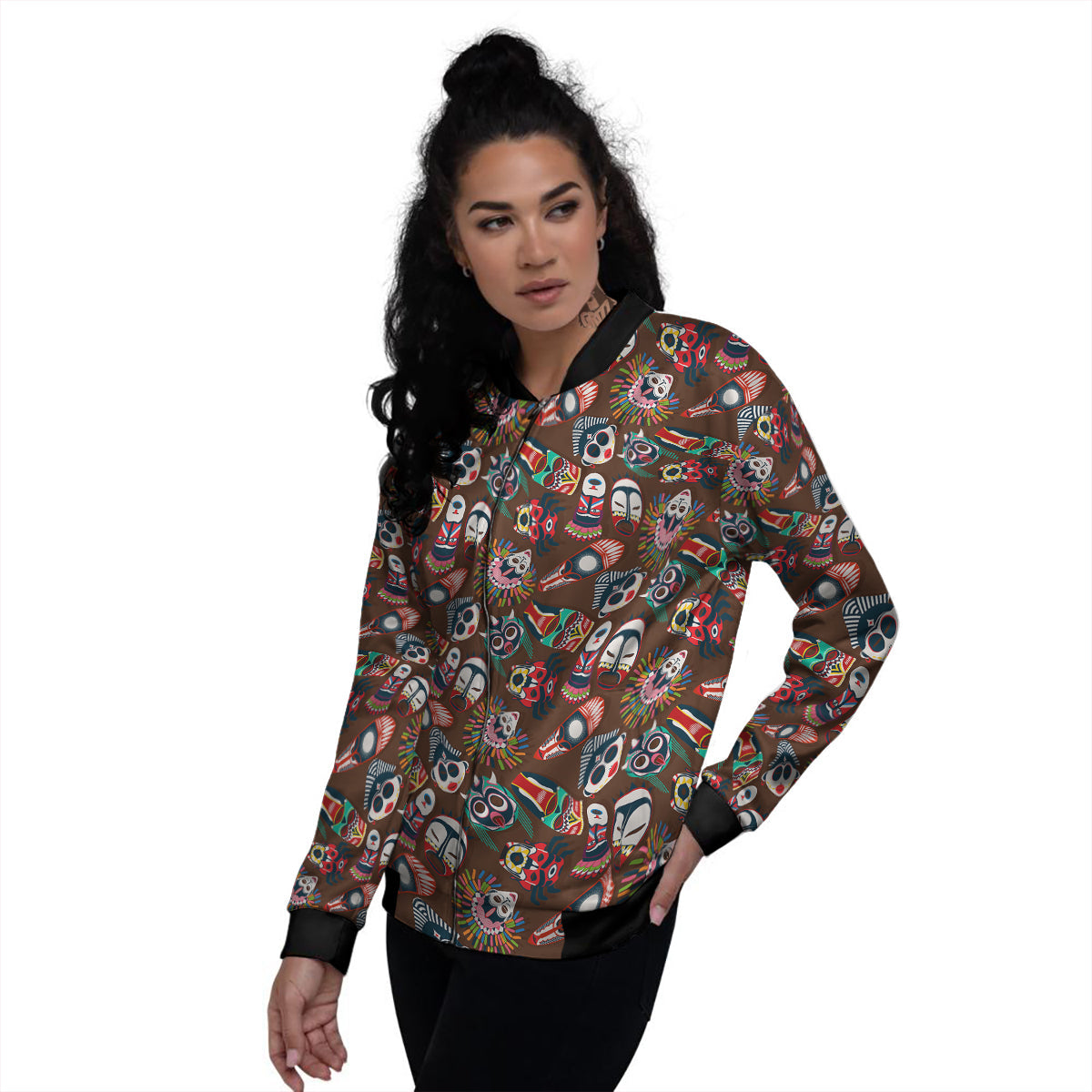 Totem And Mask African Print Pattern Women's Bomber Jacket-grizzshop