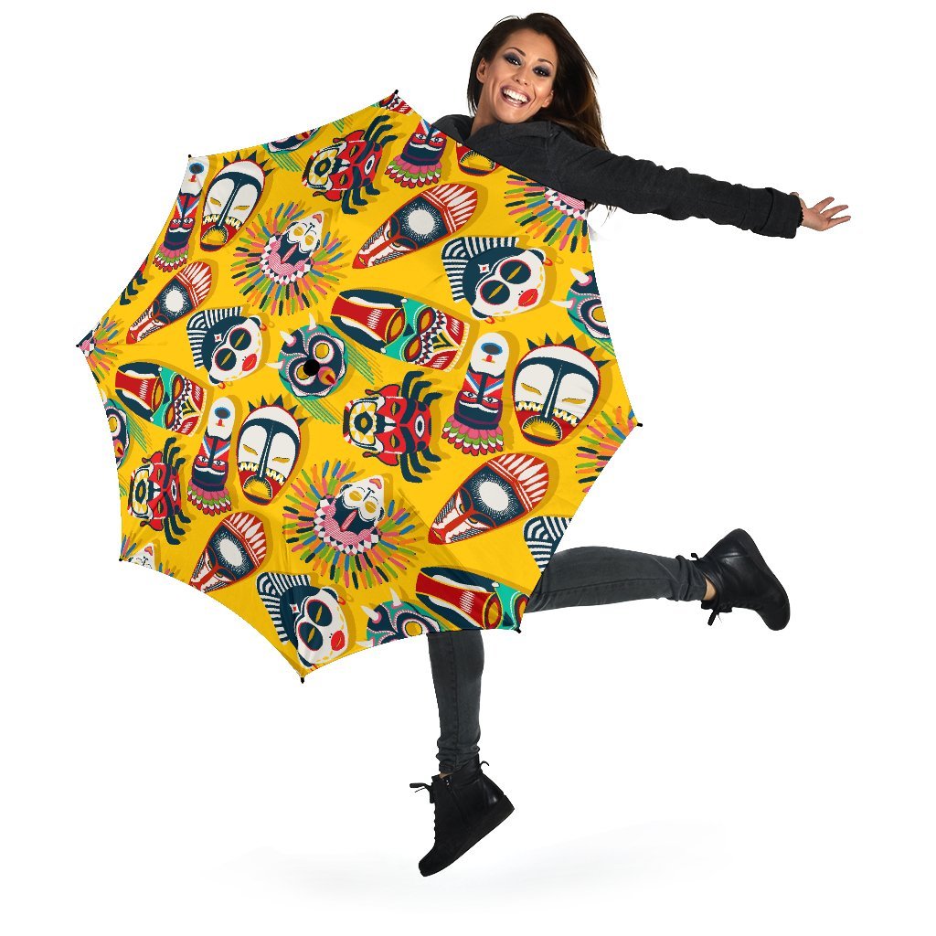 Totem Mask Pattern Print Automatic Foldable Umbrella-grizzshop
