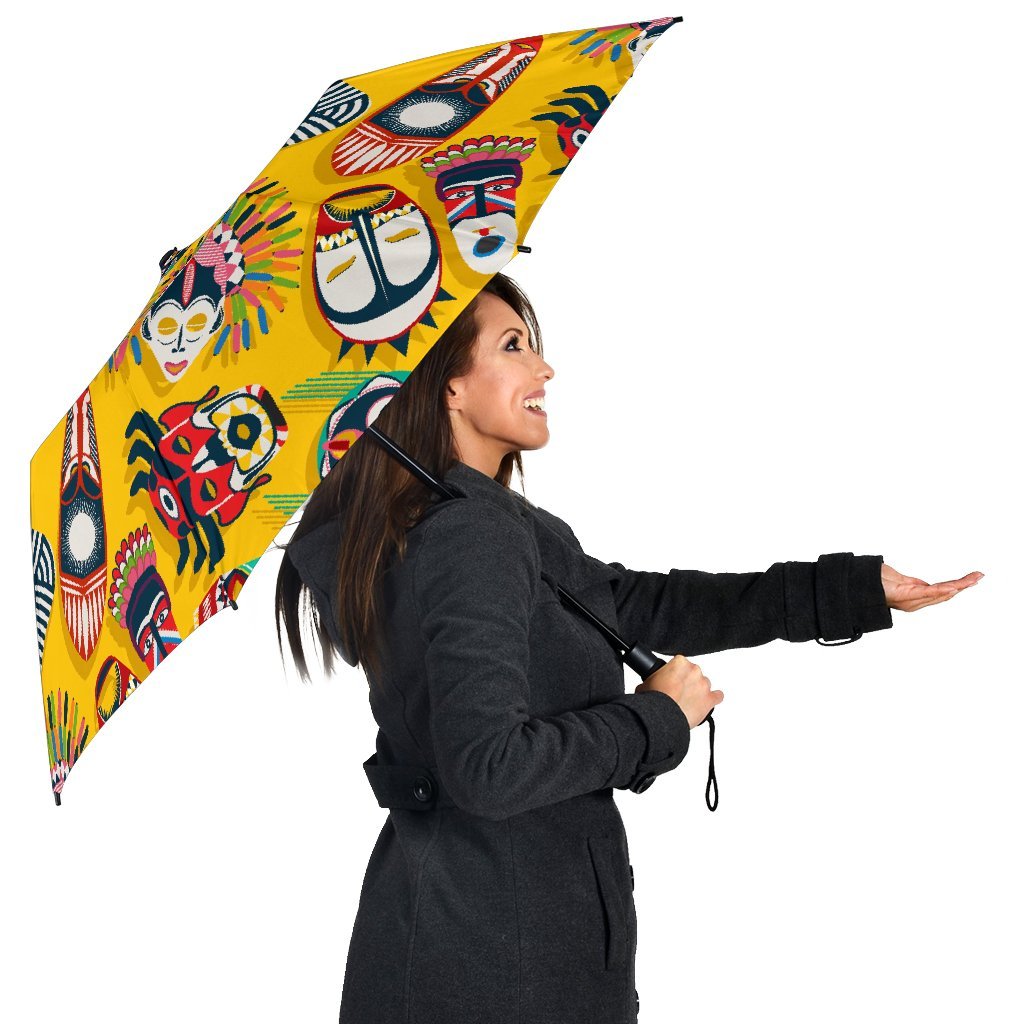 Totem Mask Pattern Print Automatic Foldable Umbrella-grizzshop