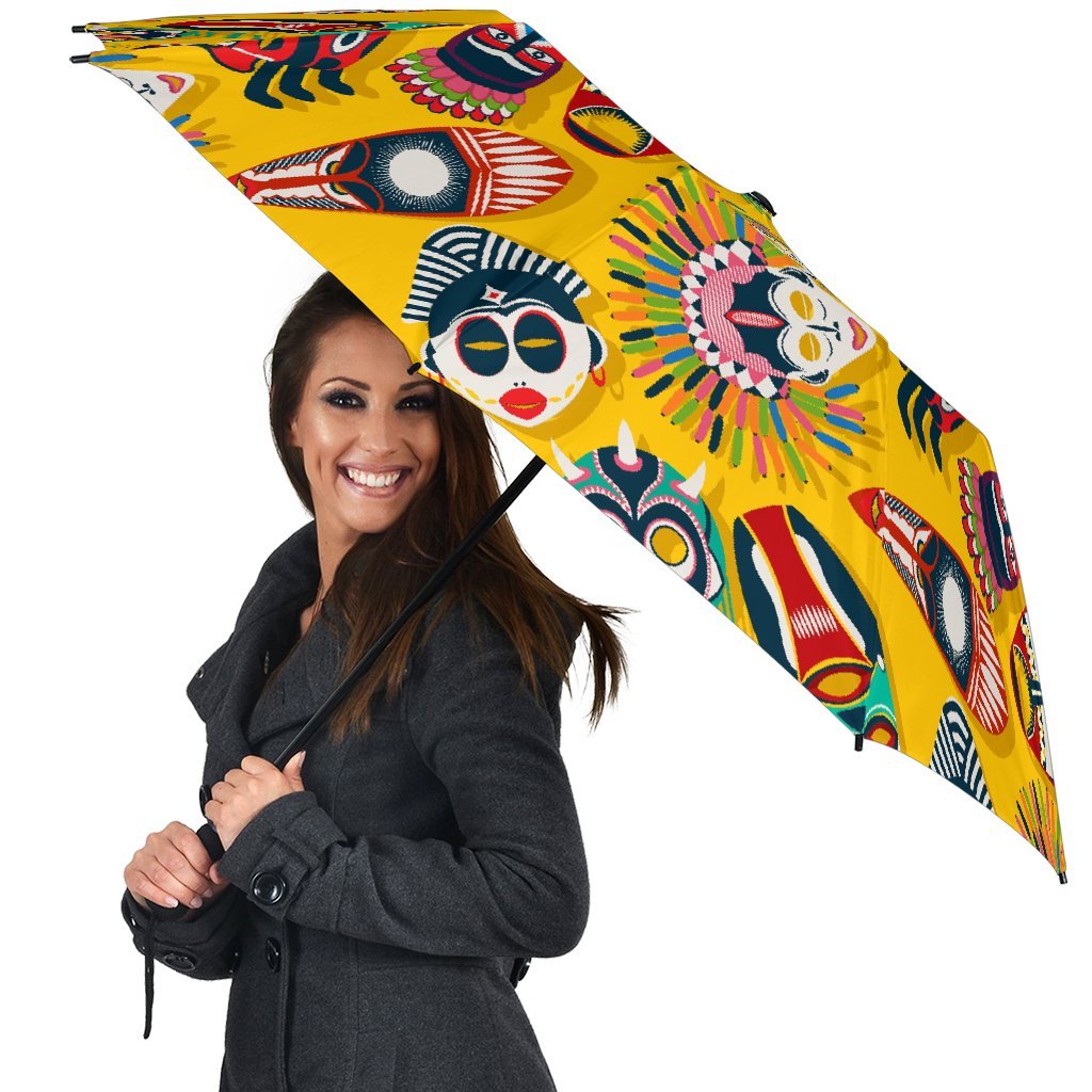 Totem Mask Pattern Print Automatic Foldable Umbrella-grizzshop