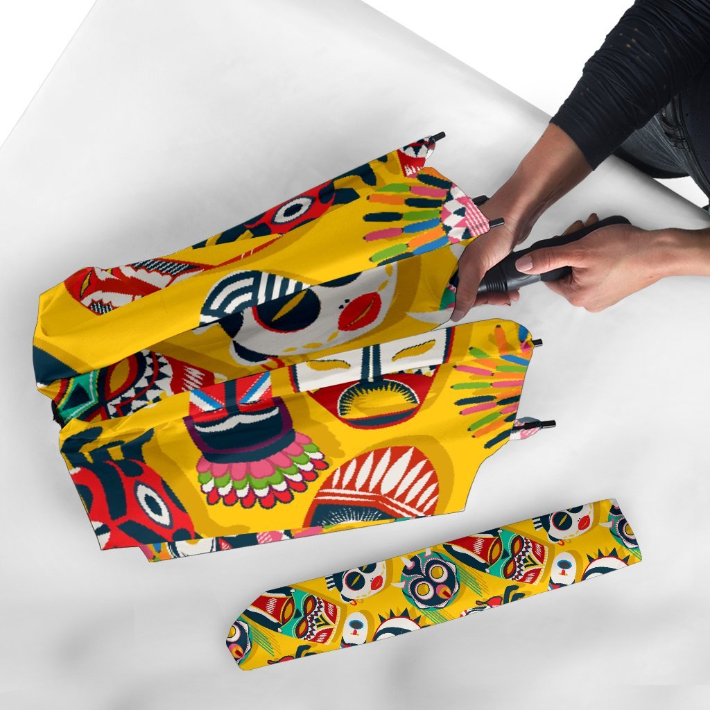 Totem Mask Pattern Print Automatic Foldable Umbrella-grizzshop