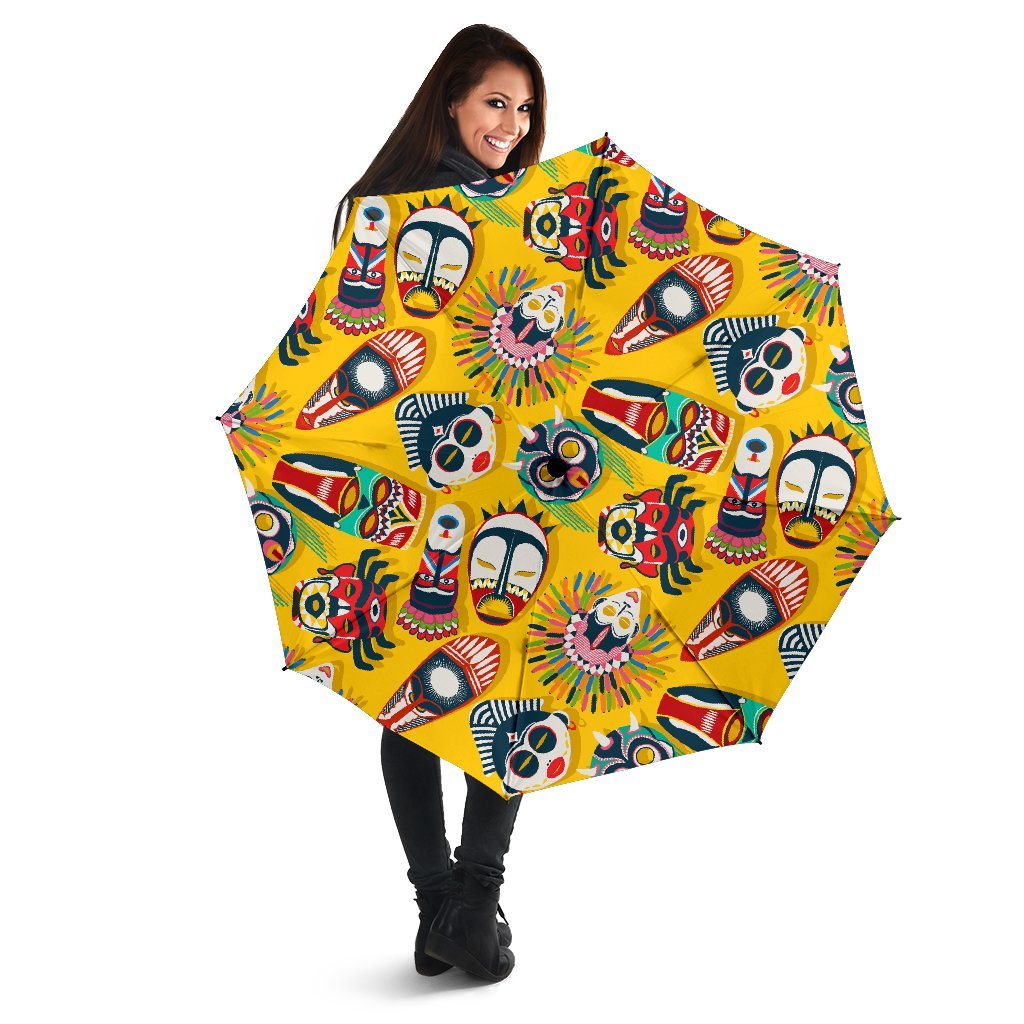 Totem Mask Pattern Print Automatic Foldable Umbrella-grizzshop