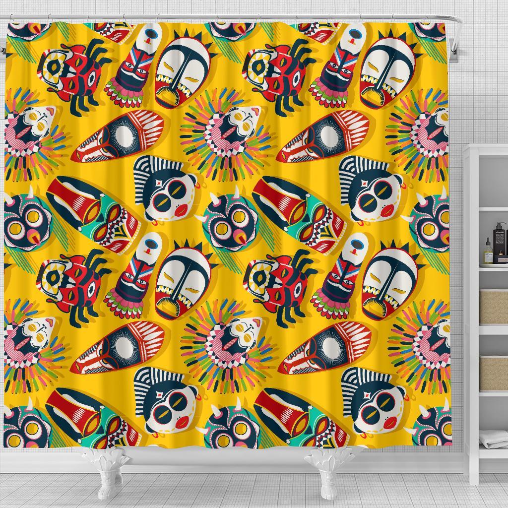 Totem Mask Pattern Print Bathroom Shower Curtain-grizzshop