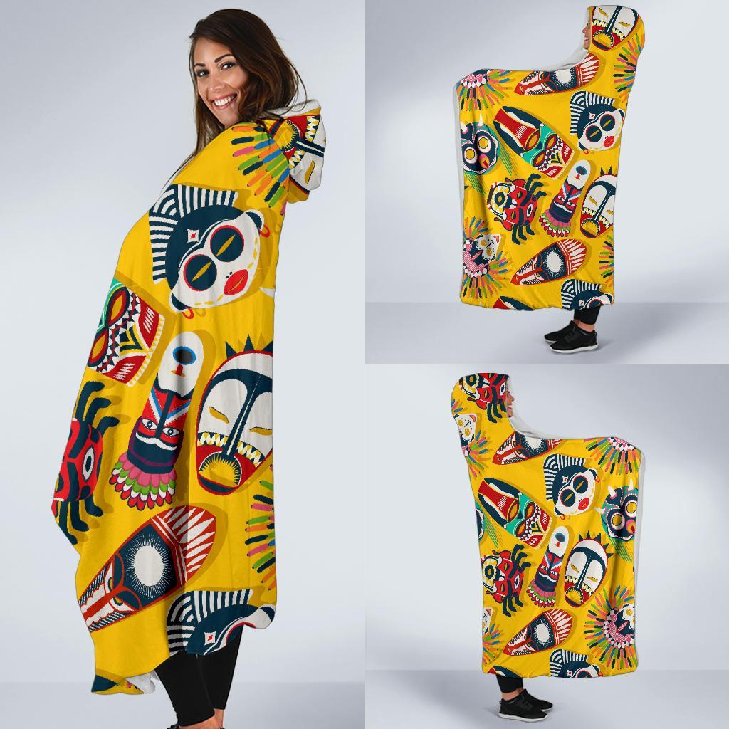 Totem Mask Pattern Print Hooded Blanket-grizzshop