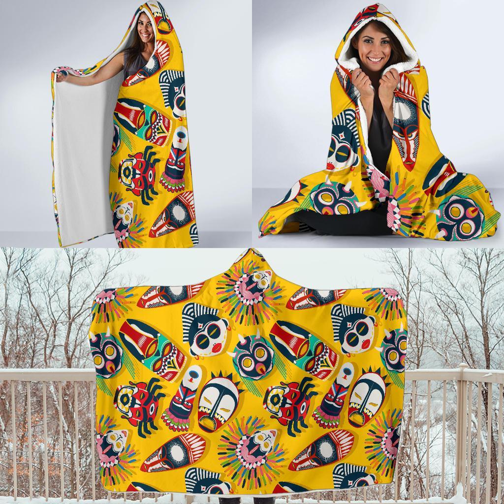 Totem Mask Pattern Print Hooded Blanket-grizzshop
