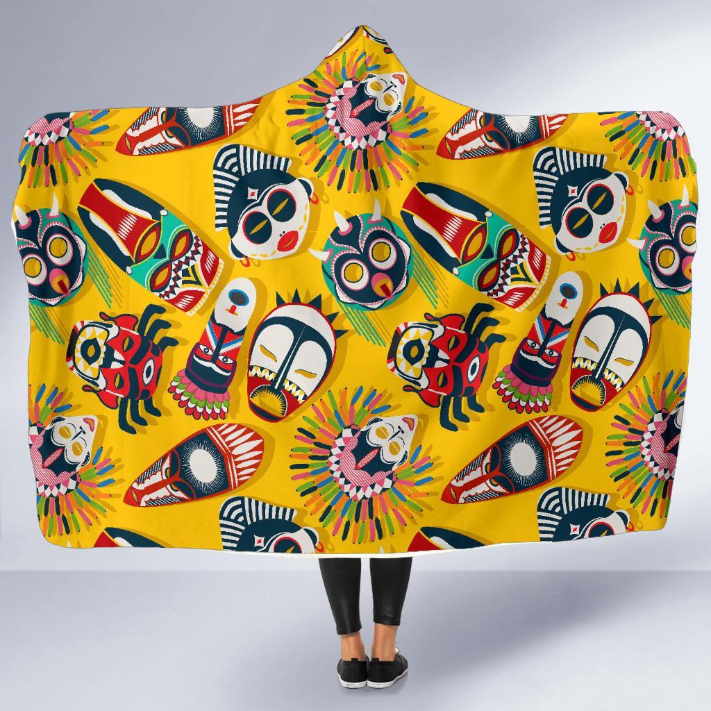 Totem Mask Pattern Print Hooded Blanket-grizzshop