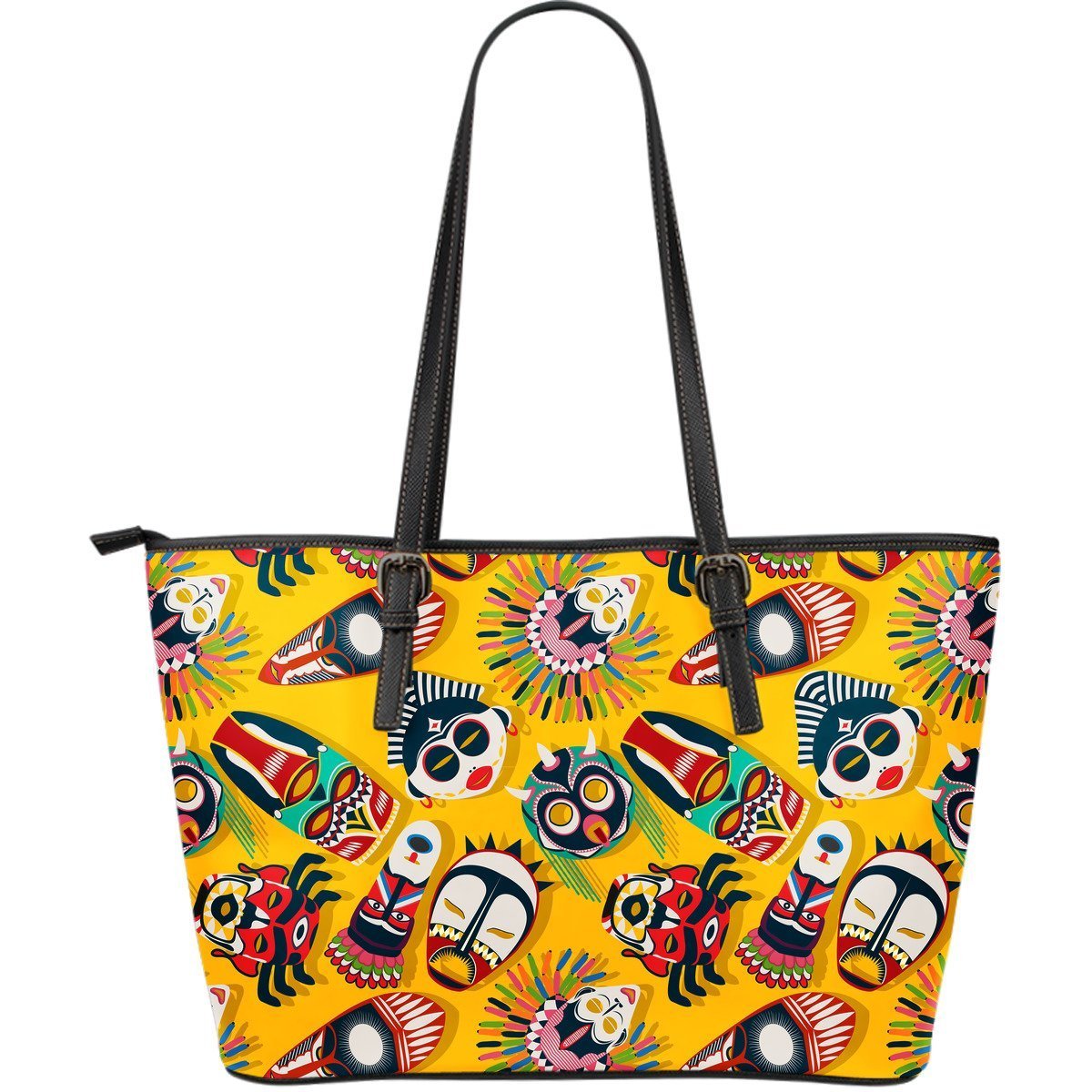 Totem Mask Pattern Print Leather Tote Bag-grizzshop