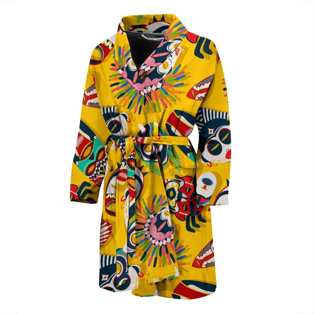 Totem Mask Pattern Print Men Long Robe-grizzshop