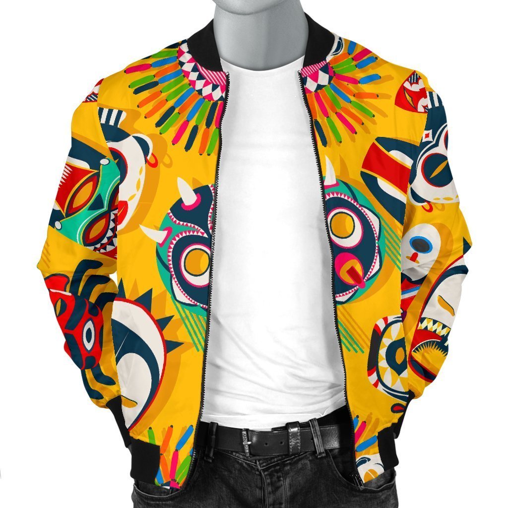 Totem Mask Pattern Print Men's Bomber Jacket-grizzshop