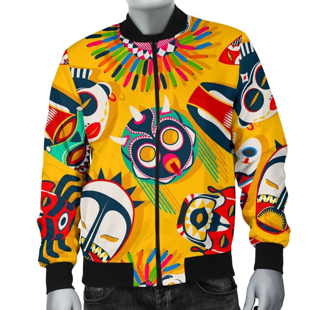 Totem Mask Pattern Print Men's Bomber Jacket-grizzshop