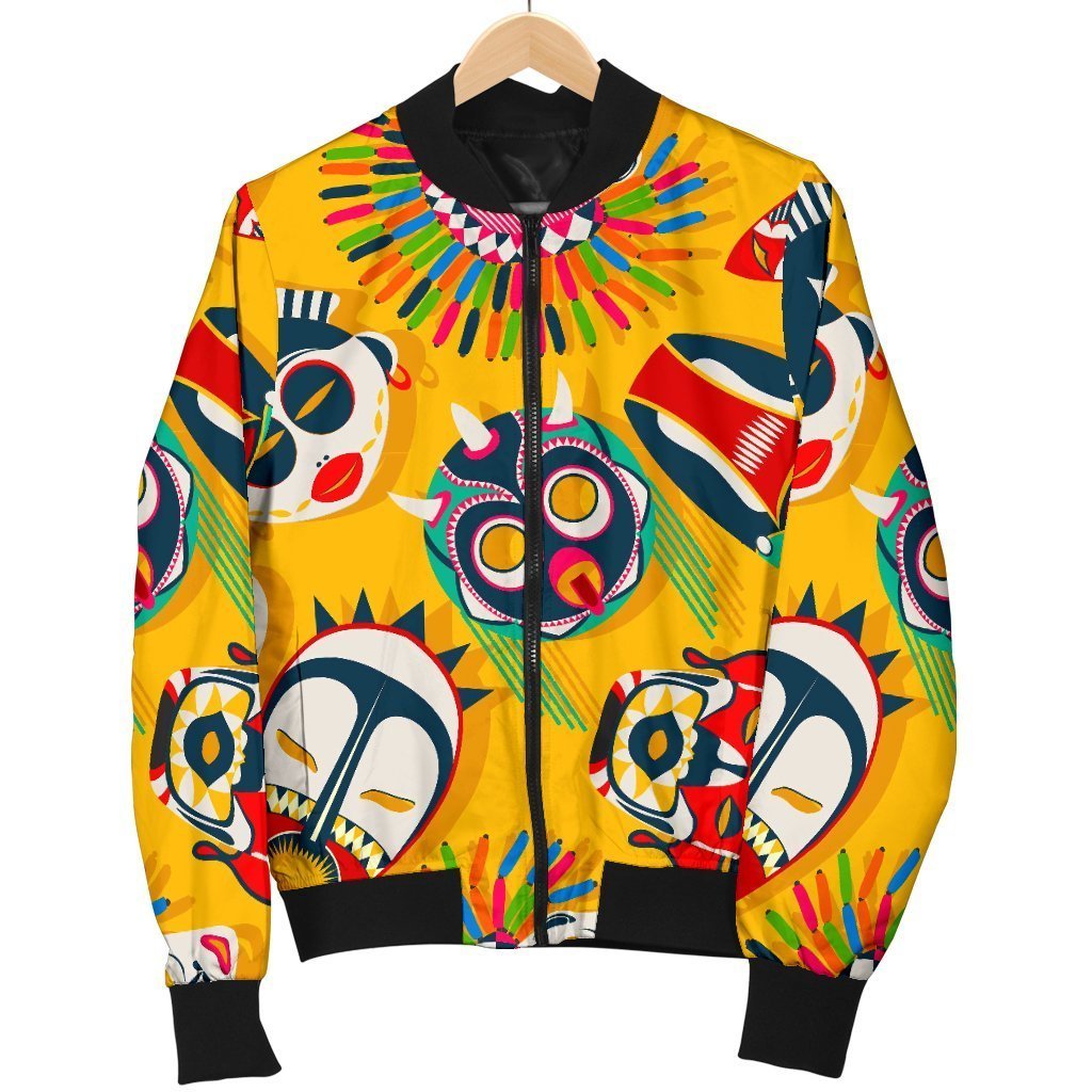 Totem Mask Pattern Print Men's Bomber Jacket-grizzshop