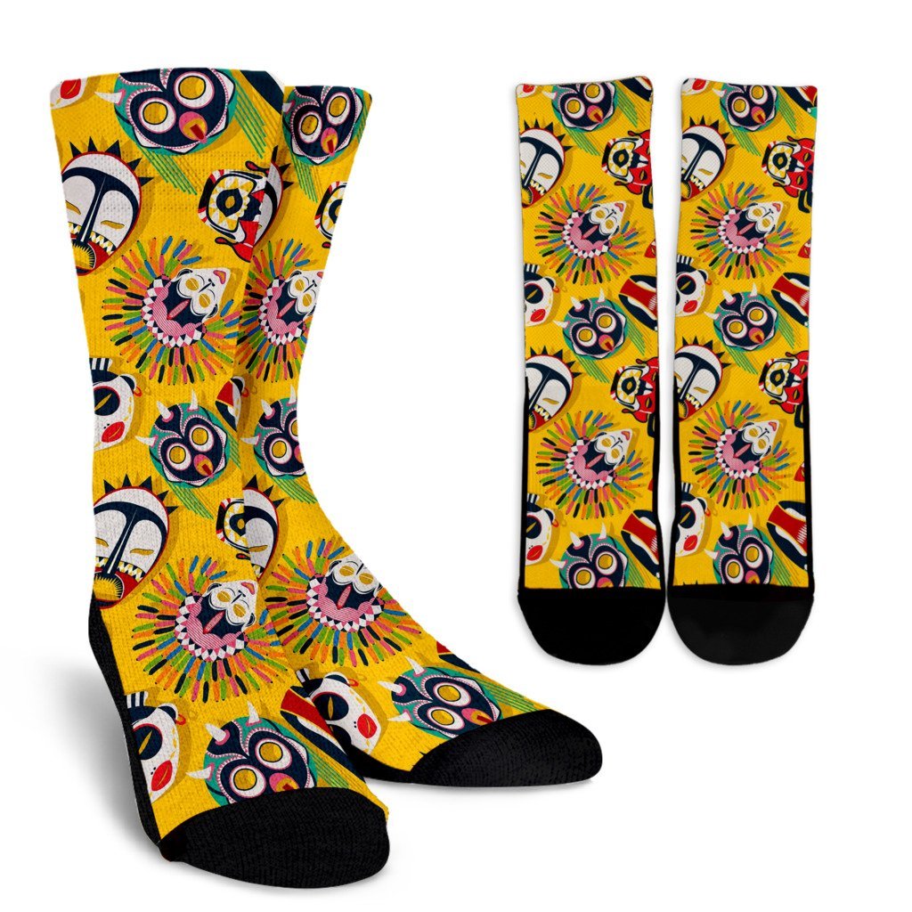 Totem Mask Pattern Print Unisex Crew Socks-grizzshop