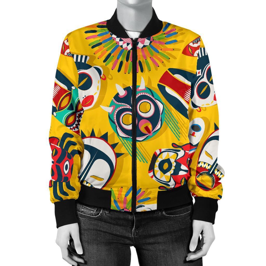 Totem Mask Pattern Print Women Casual Bomber Jacket-grizzshop