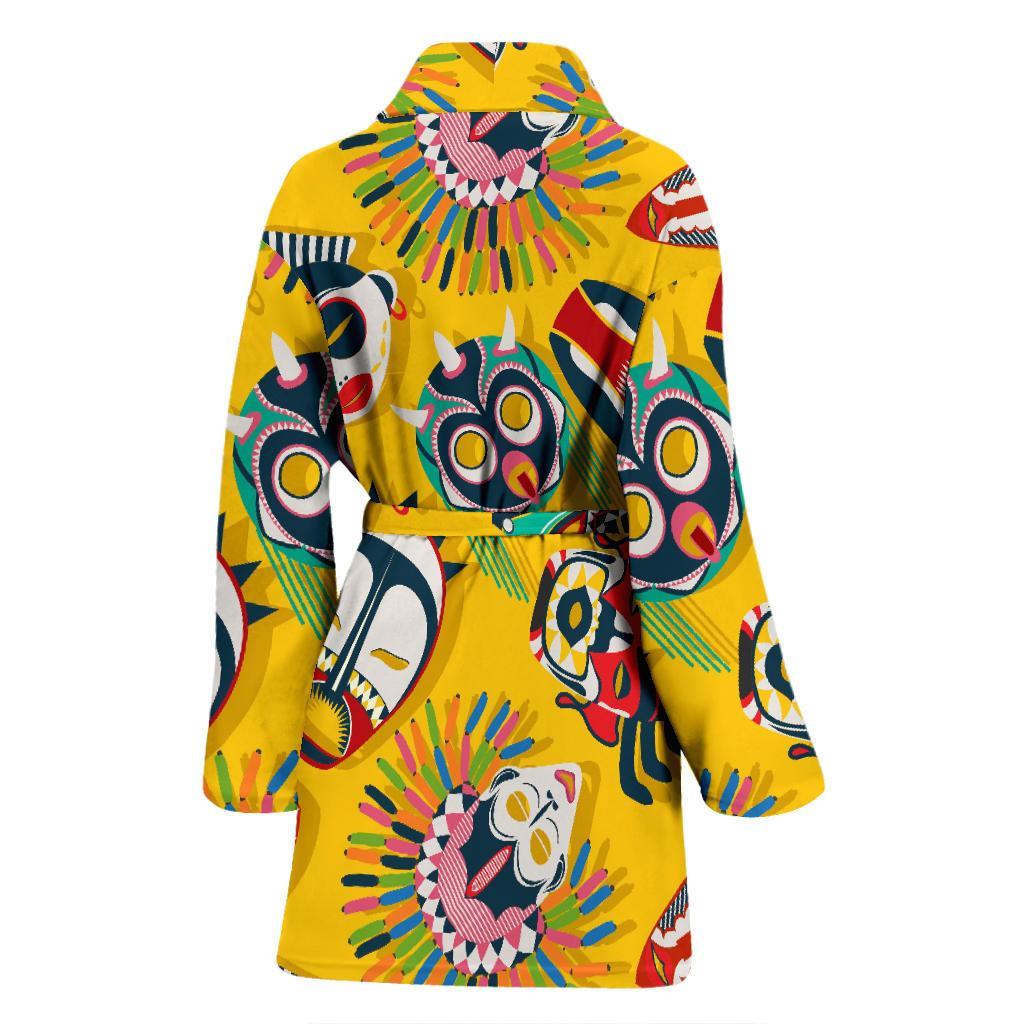 Totem Mask Pattern Print Women Long Robe-grizzshop