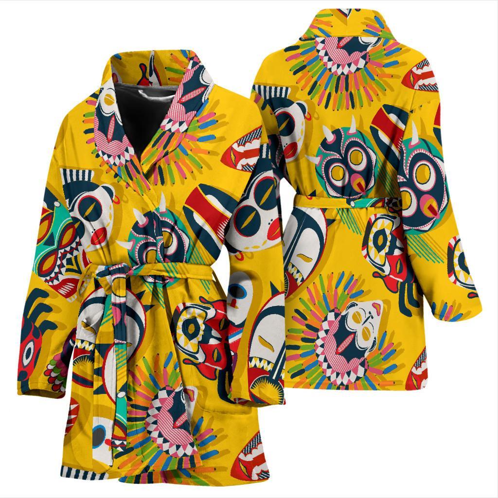 Totem Mask Pattern Print Women Long Robe-grizzshop