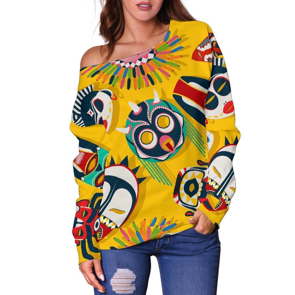 Totem Mask Pattern Print Women Off Shoulder Sweatshirt-grizzshop