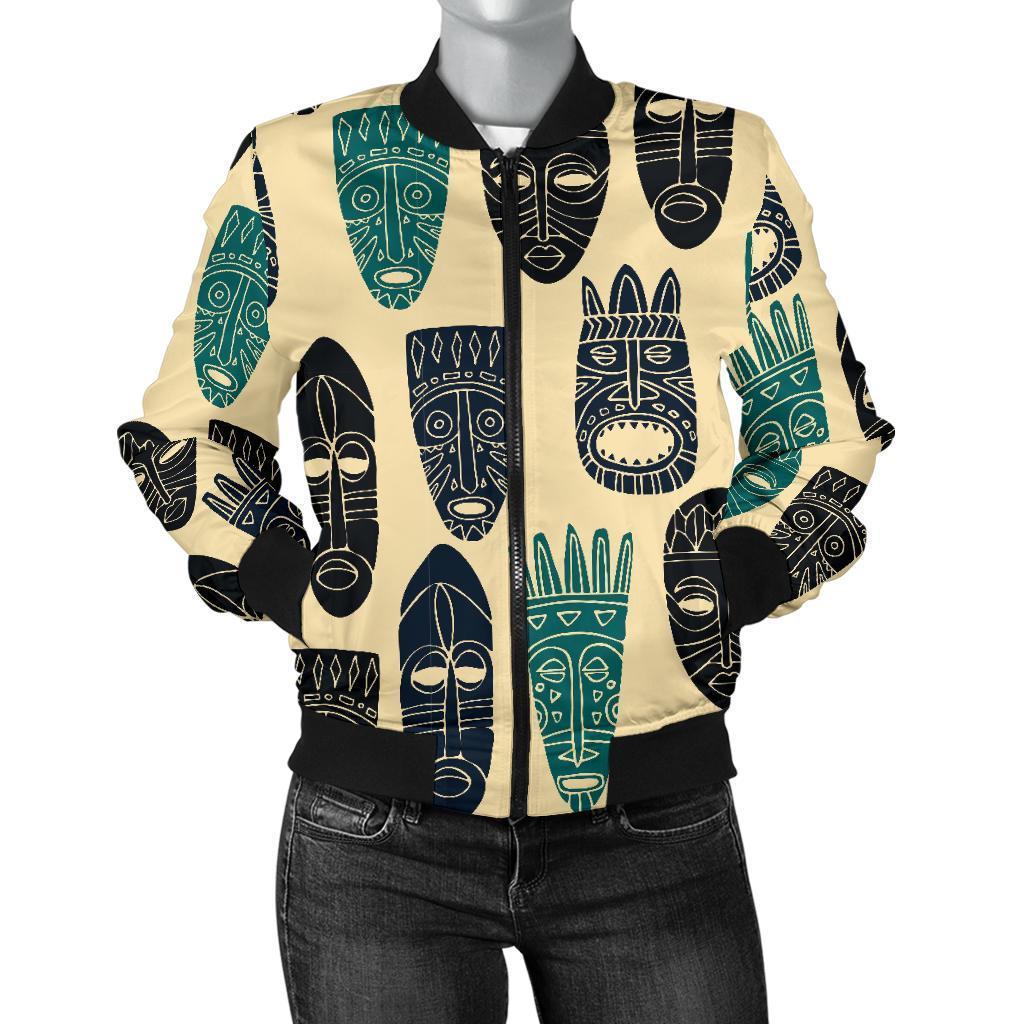 Totem Mask Print Pattern Women Casual Bomber Jacket-grizzshop