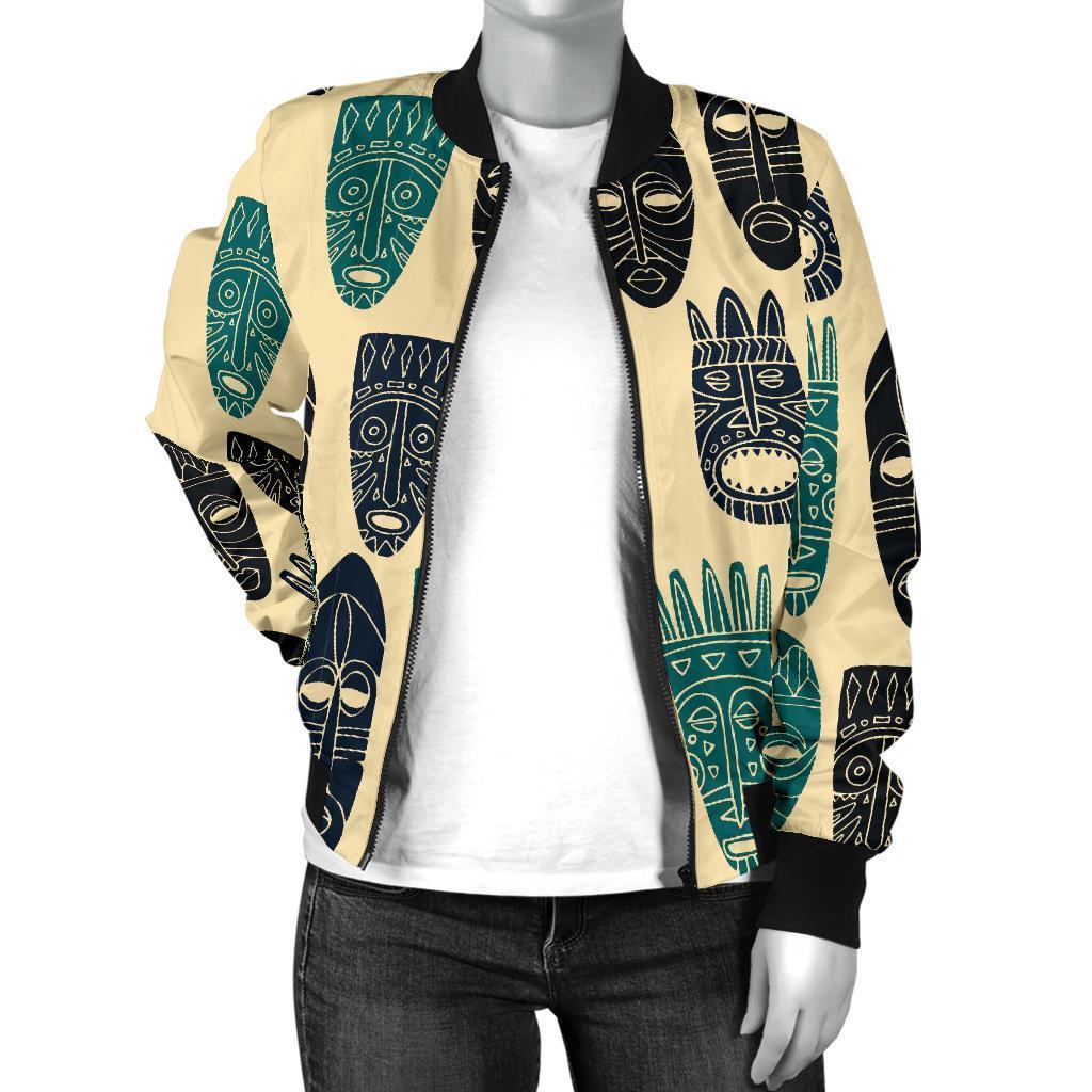 Totem Mask Print Pattern Women Casual Bomber Jacket-grizzshop