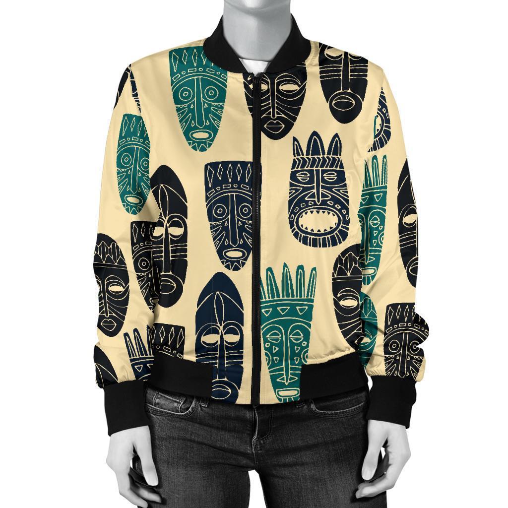 Totem Mask Print Pattern Women Casual Bomber Jacket-grizzshop