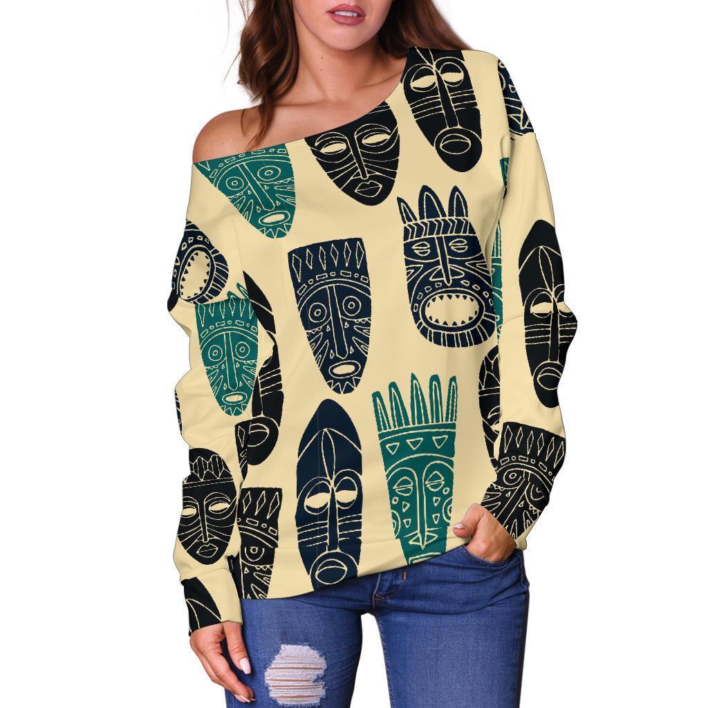 Totem Mask Print Pattern Women Off Shoulder Sweatshirt-grizzshop