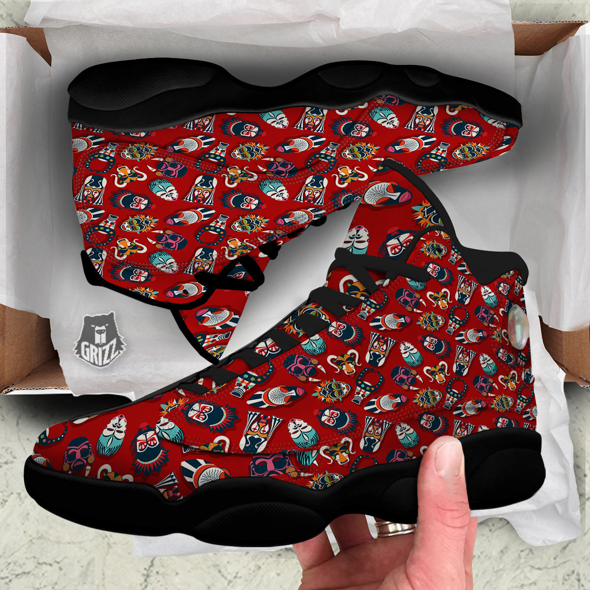 Totem Masks African Print Pattern Black Basketball Shoes-grizzshop