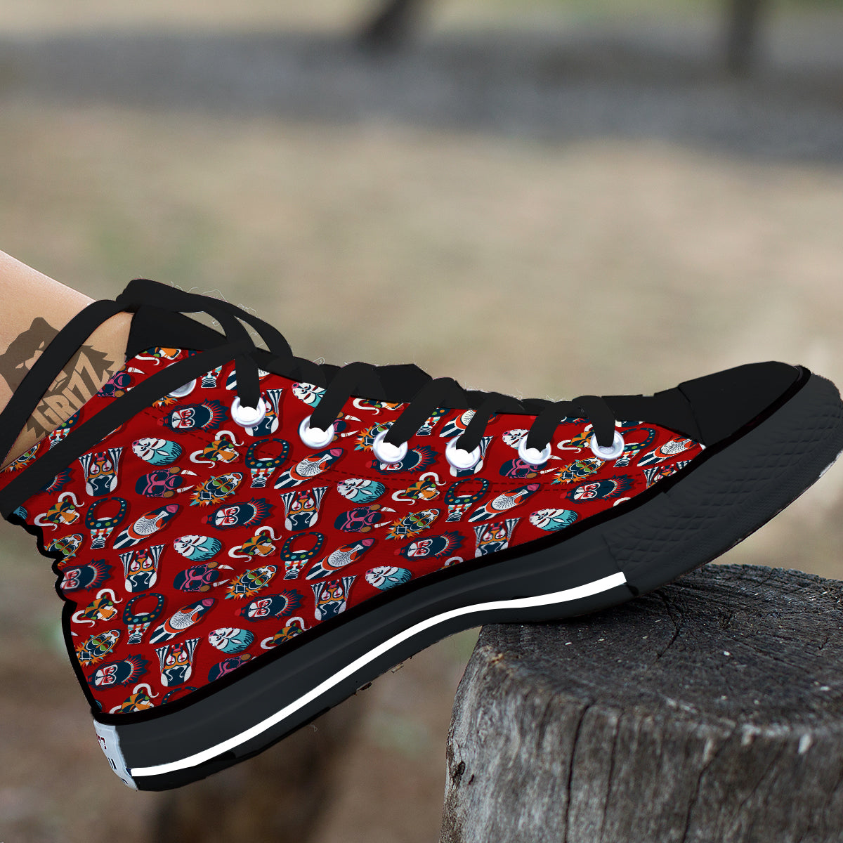 Totem Masks African Print Pattern Black High Top Shoes-grizzshop