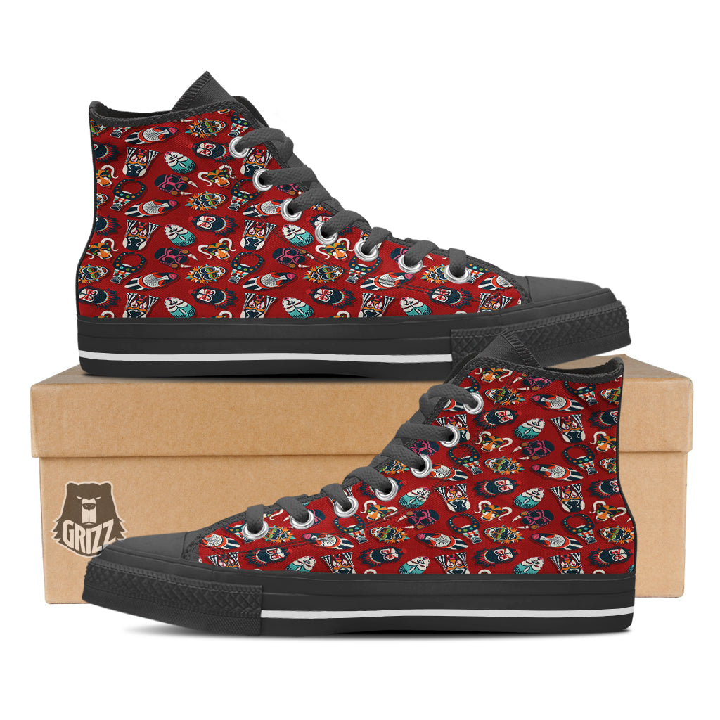 Totem Masks African Print Pattern Black High Top Shoes-grizzshop