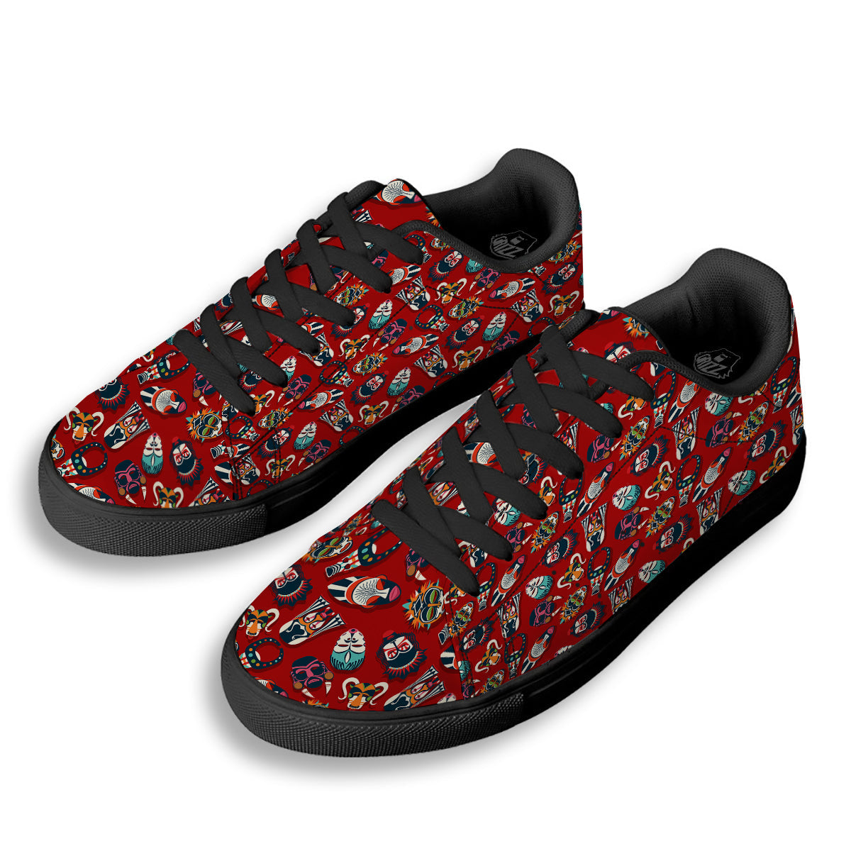 Totem Masks African Print Pattern Black Low Top Sneakers-grizzshop