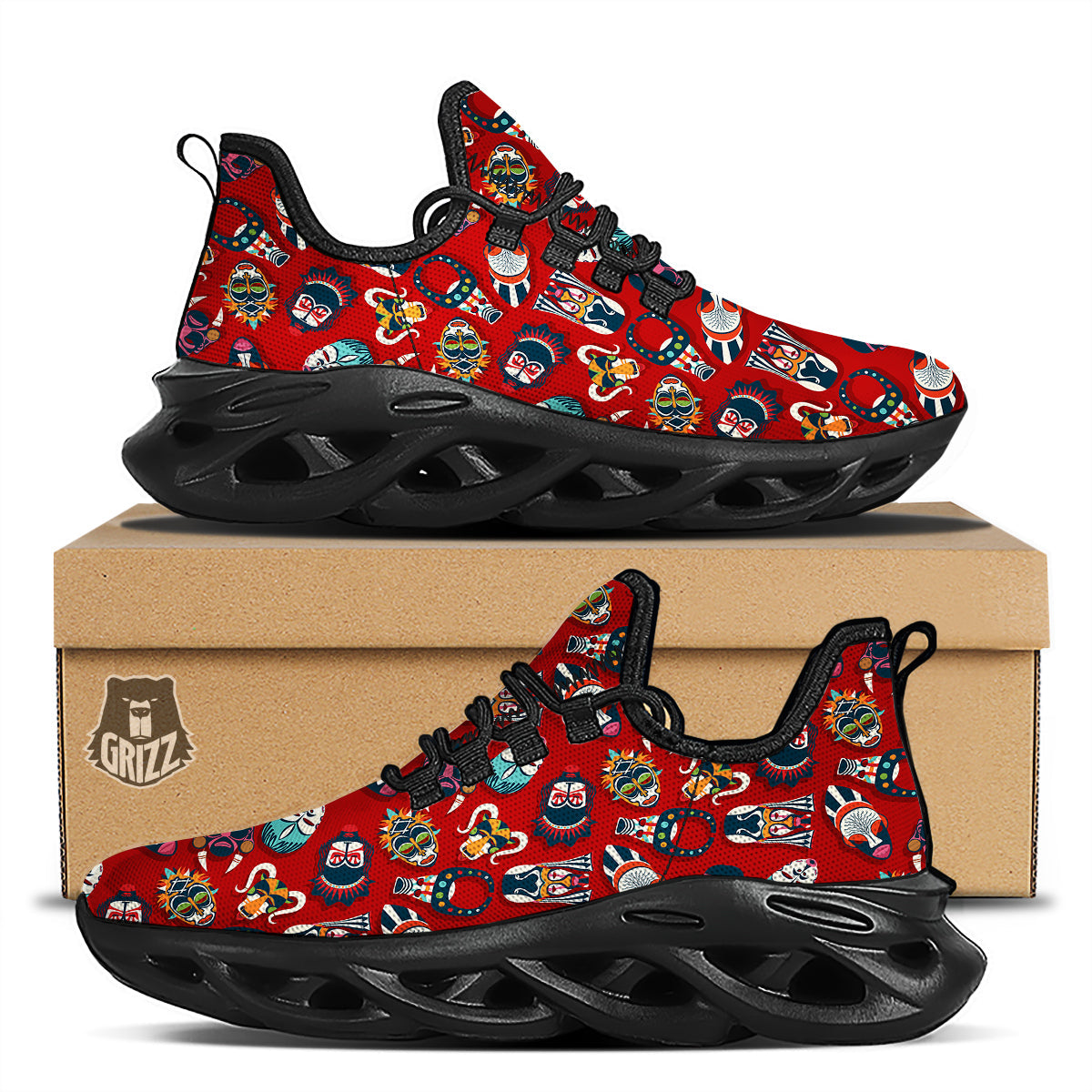 Totem Masks African Print Pattern Black Running Shoes-grizzshop