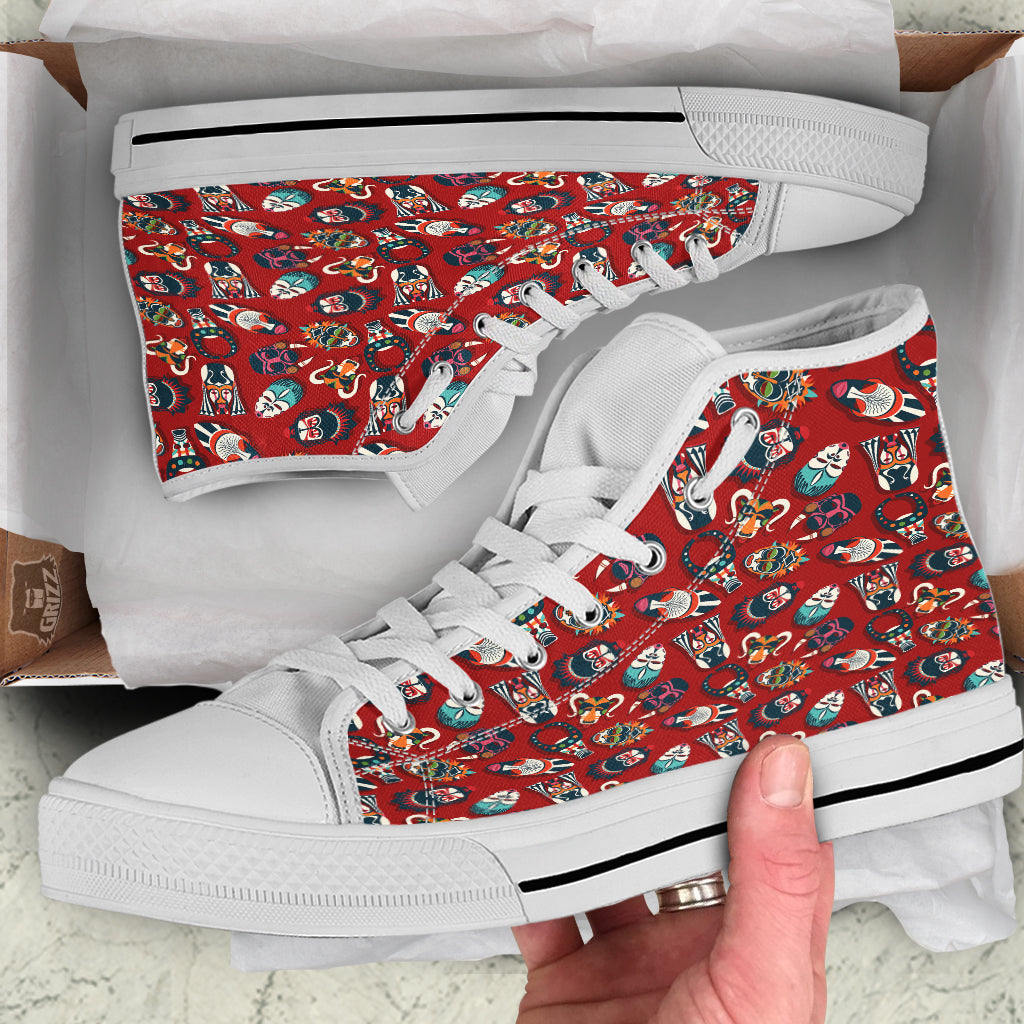 Totem Masks African Print Pattern White High Top Shoes-grizzshop