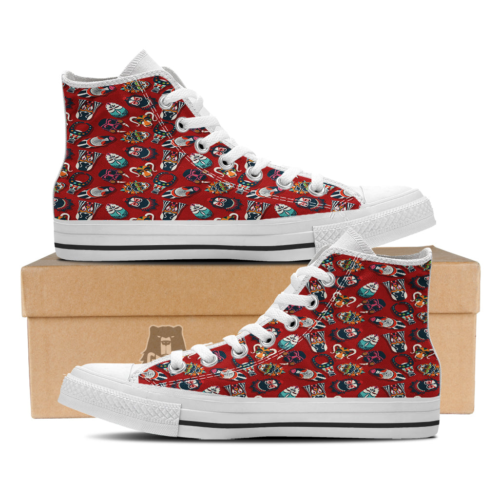 Totem Masks African Print Pattern White High Top Shoes-grizzshop