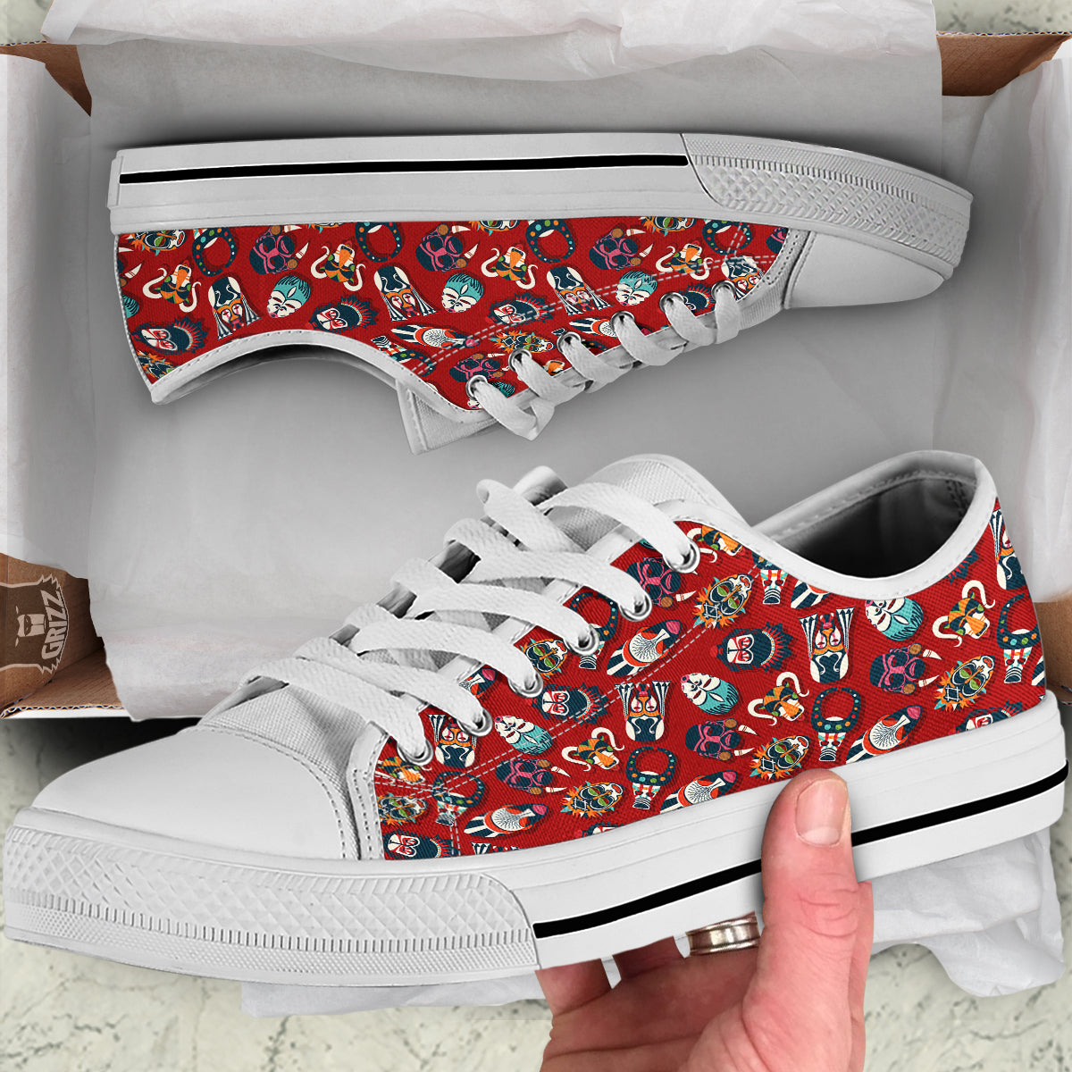 Totem Masks African Print Pattern White Low Top Shoes-grizzshop
