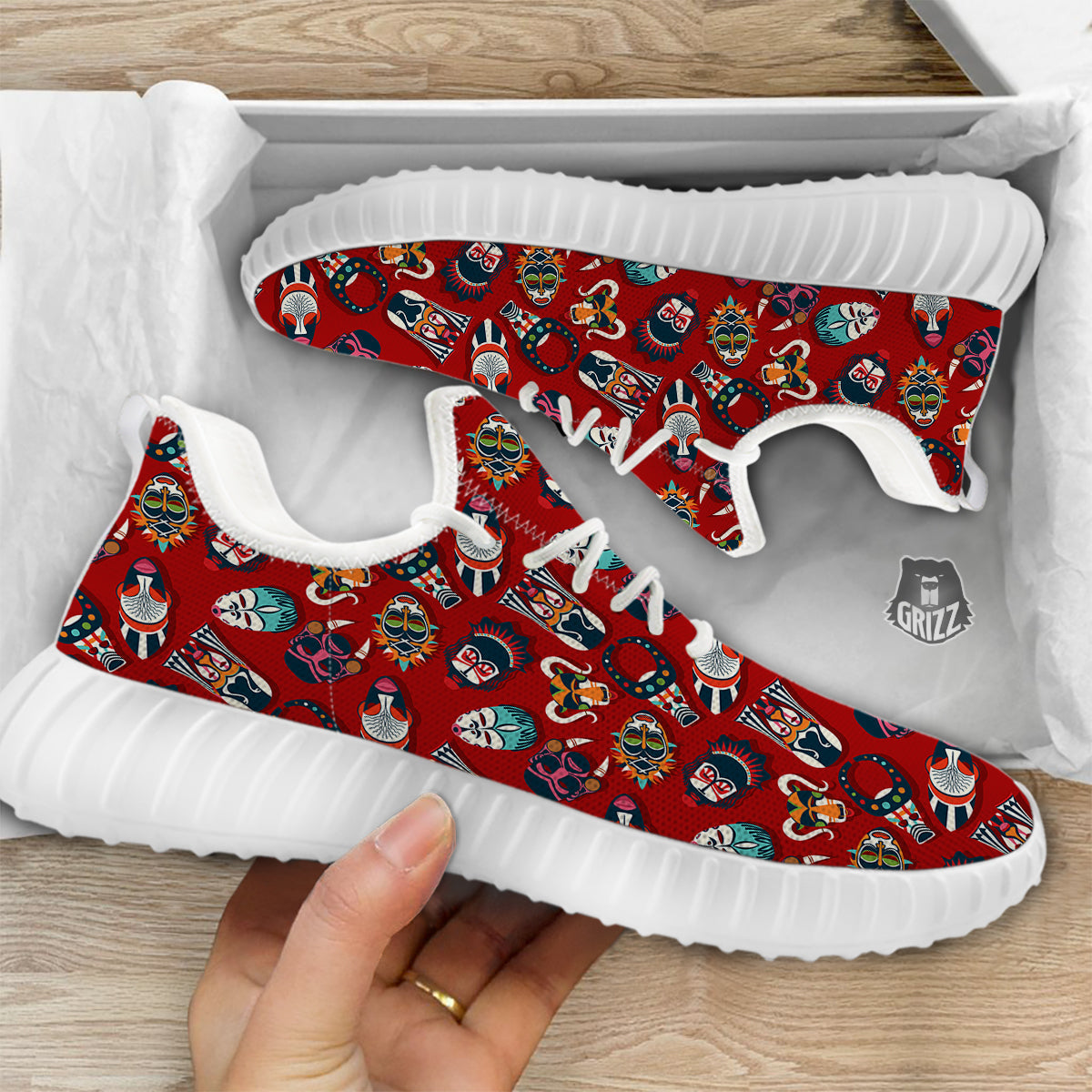 Totem Masks African Print Pattern White Walking Shoes-grizzshop