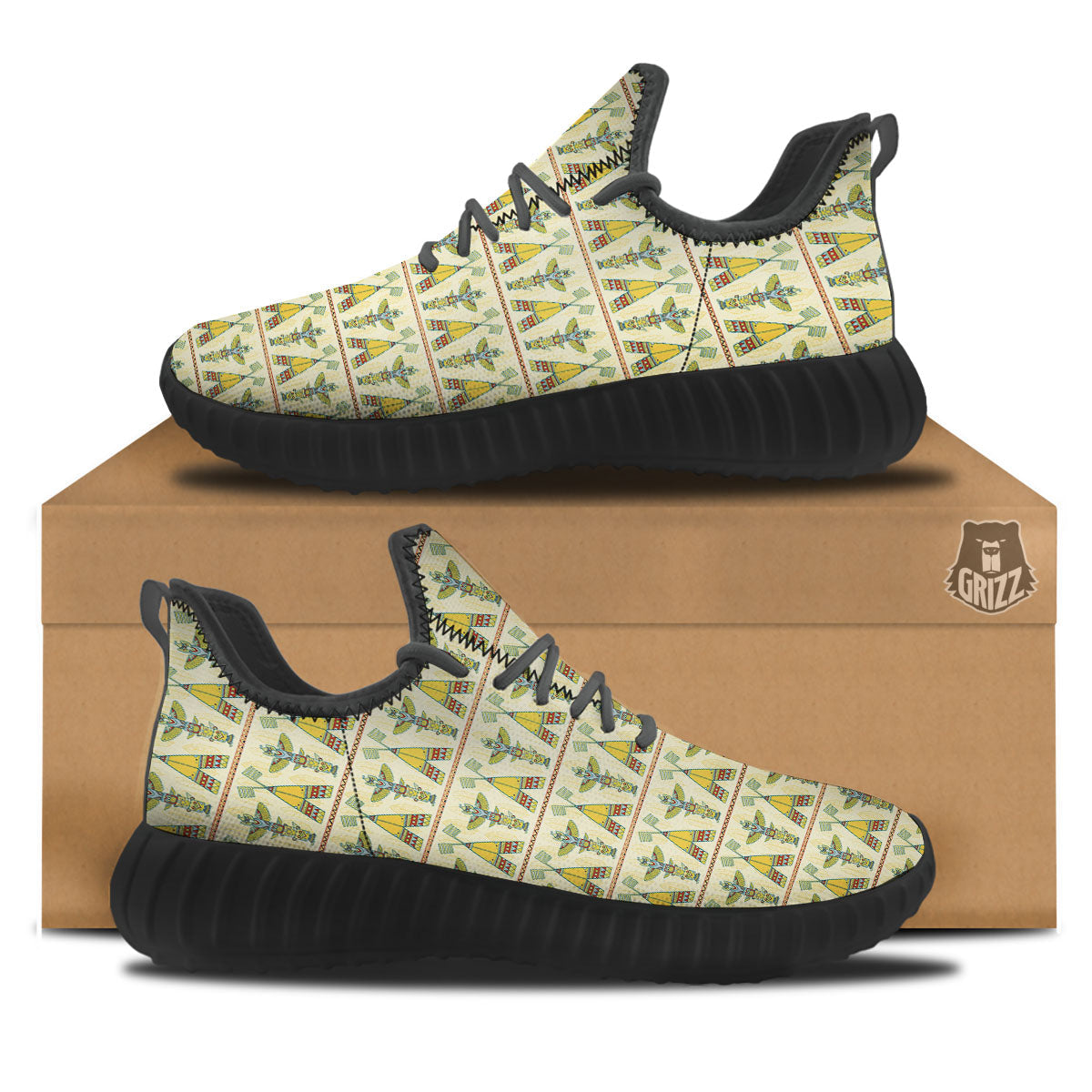 Totem Native Print Pattern Black Walking Shoes-grizzshop