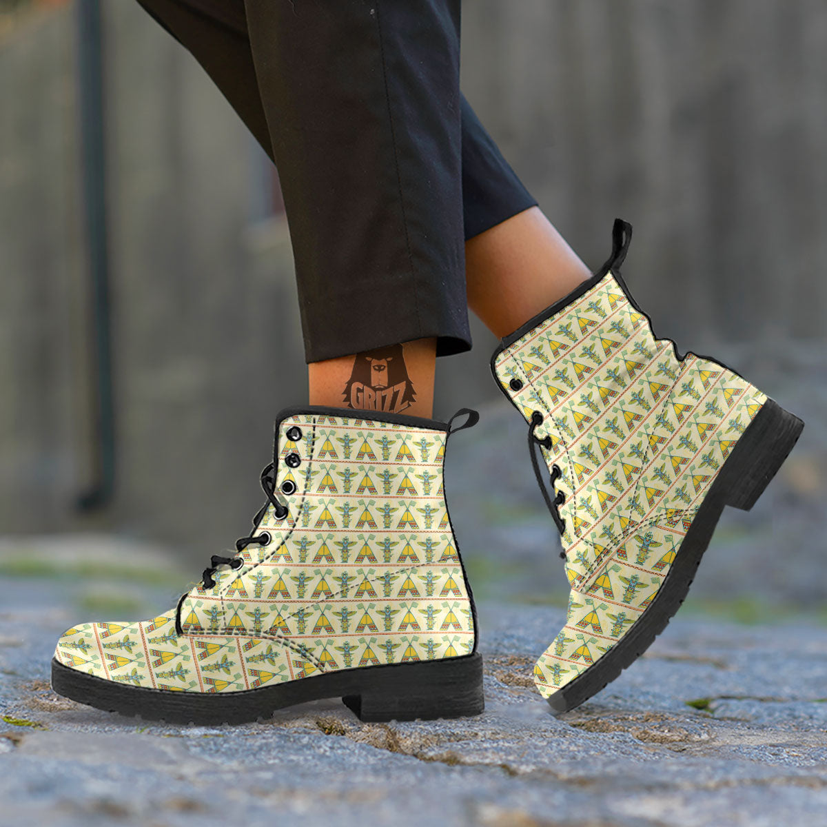 Totem Native Print Pattern Leather Boots-grizzshop