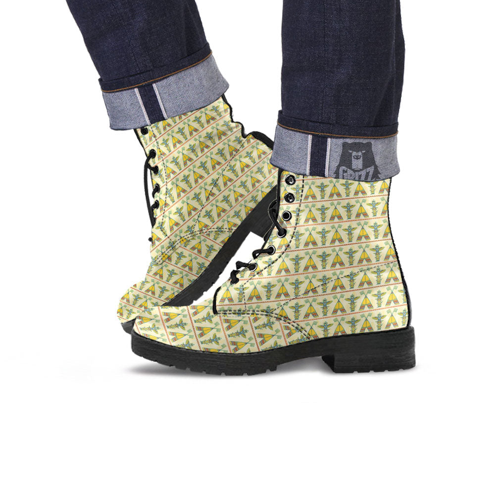 Totem Native Print Pattern Leather Boots-grizzshop