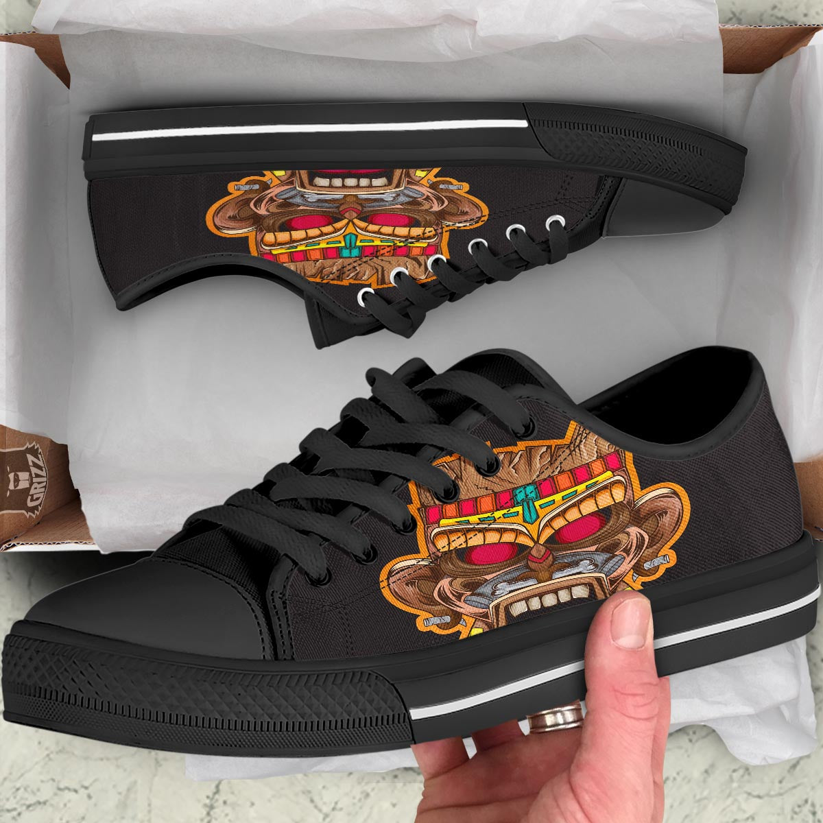 Totem Tiki Print Black Low Top Shoes-grizzshop