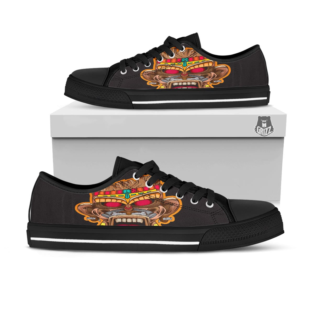 Totem Tiki Print Black Low Top Shoes-grizzshop
