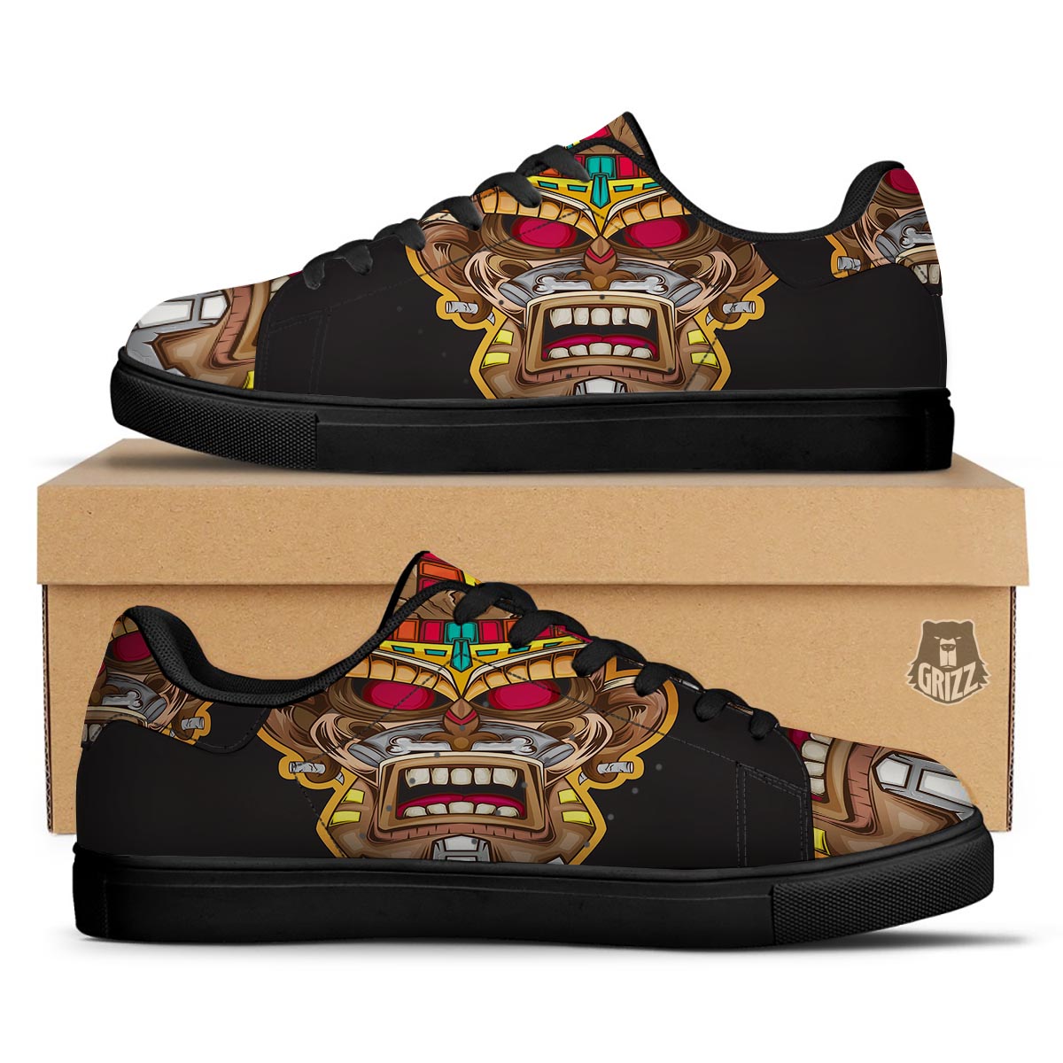 Totem Tiki Print Black Low Top Sneakers-grizzshop