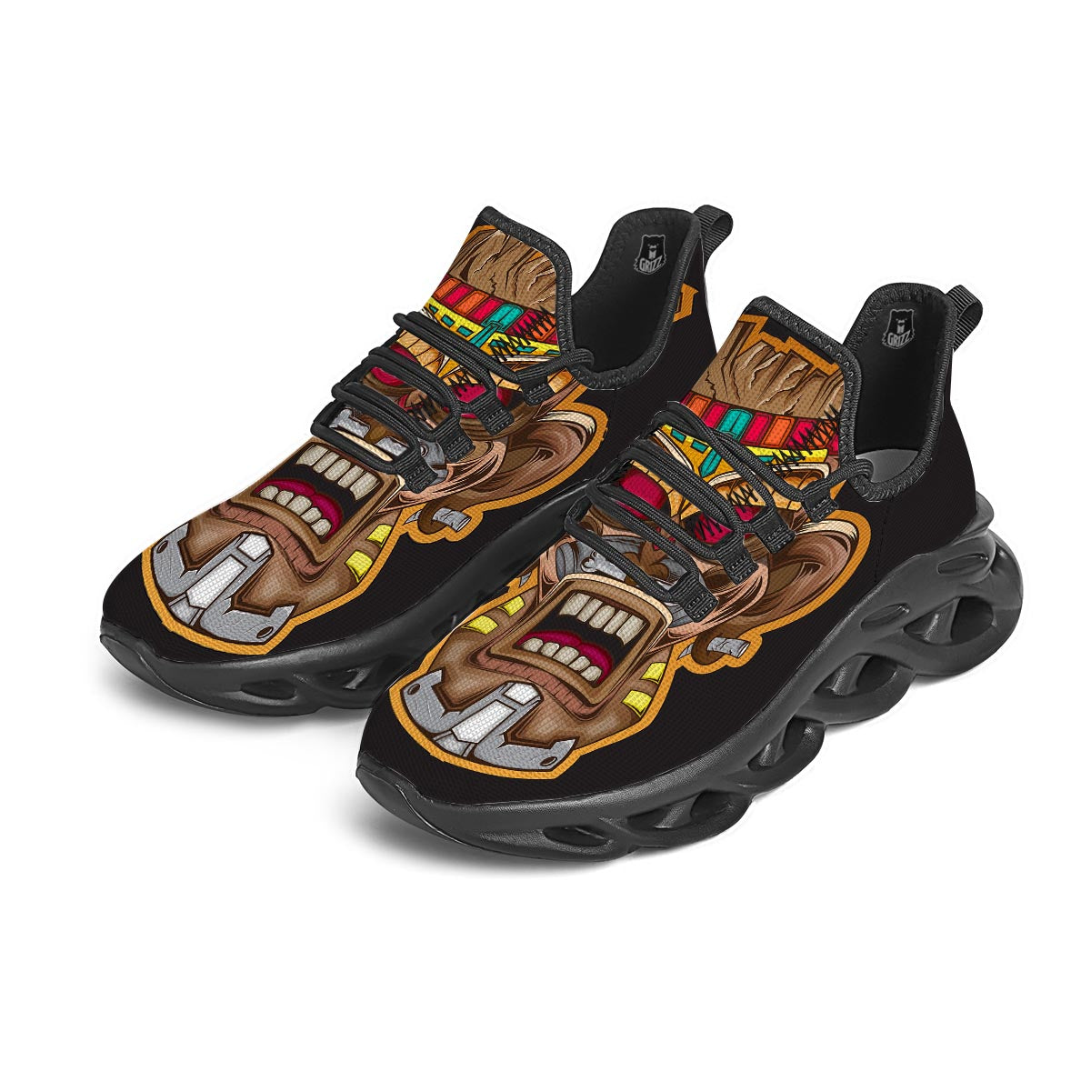 Totem Tiki Print Black Running Shoes-grizzshop